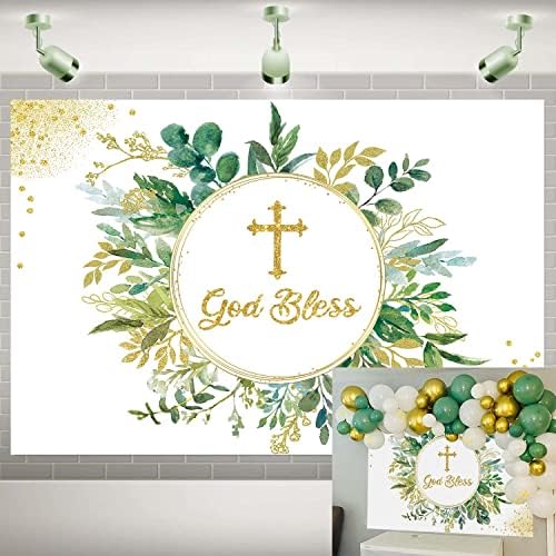 Greenery Deus abençoe o cenário de 7x5ft Primeira comunhão decorações de batismo de fundo Gold Gollitters Eucalyptus folhas verdes