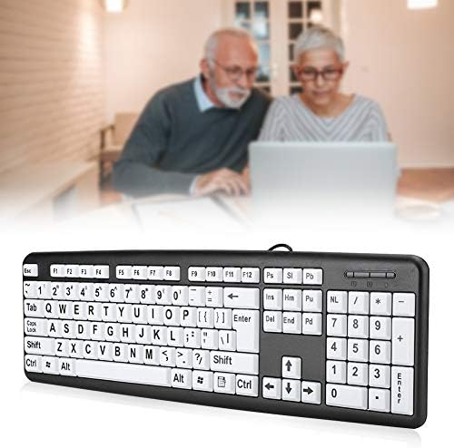 teclado PLPLAAOO BLAT BOW VISION, teclado de computador imprimido grande, teclado de idosos com fio USB com teclas de impressão larga branca, 104 teclas de teclas grandes para idosos idosos com deficiência visual