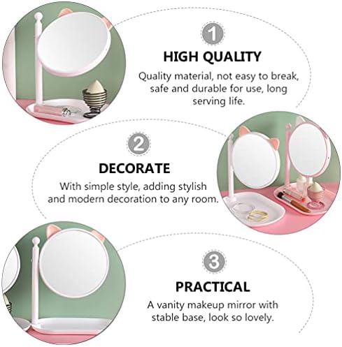 Bandeja de jóias curiosamente espelho de maquiagem de 2pcs com espelho de mesa de bandeja em espelho de vaidade de orelhas de gato fofo com base espelho cosmético decorativo para banheiro banheiro banheiro branco