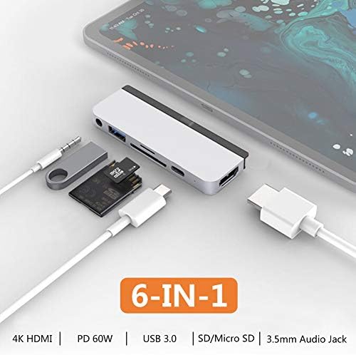 Adaptador Hyperdrive USB C Hub 6-in-1 DonGle com carregamento PD USBC, 4K HDMI, USB 3.0, fone de ouvido de 3,5 mm, SD, Micro SD-Compatível com iPad Pro 2020 2019 2018