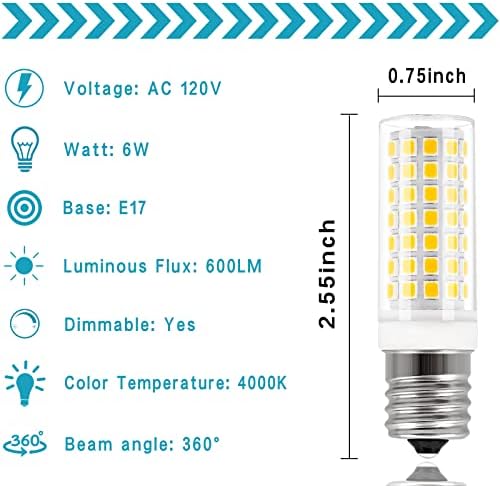 E17 Bulbo LED 6W Dimmível sob lâmpadas de forno de microondas, luzes de fogão do forno, geladeira 8206232a 1890433 AP4512653