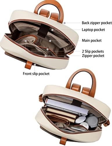 Mochila de laptop de couro Bostanten para mulheres, 15,6 polegadas Backpack Backpack College Daypack Daypack Work Travel Bag Beige-White