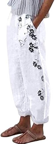 Mackneog geométrico feminino vestido capris linho leve feminino wide perna capri calças 2023 cintura alta com bolsos
