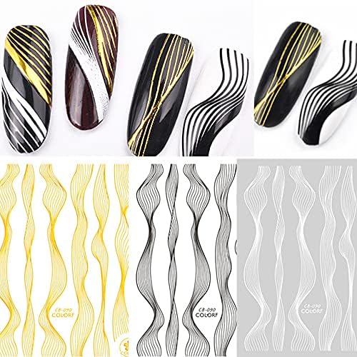 6 lençamentos adesivos de unhas de linha francesa de 6 folha decalque decalque 3D Wave Wave Applique da linha de unhas curvas, correntes de prata dourada de linhas de onda de onda de listras de listras de unha decalques de arte para mulheres manicures DIY salão