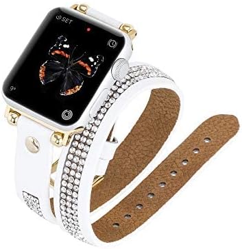 Venito Livorno Double Wrap Leather Slim Watch Band com strass compatíveis com Apple Watch 38mm, 40mm, 41mm para Apple Watch Series 1, 2, 3, 4, 5, 6, 7, SE, 8, Ultra, Sport-White W/Gold Conector E fecho