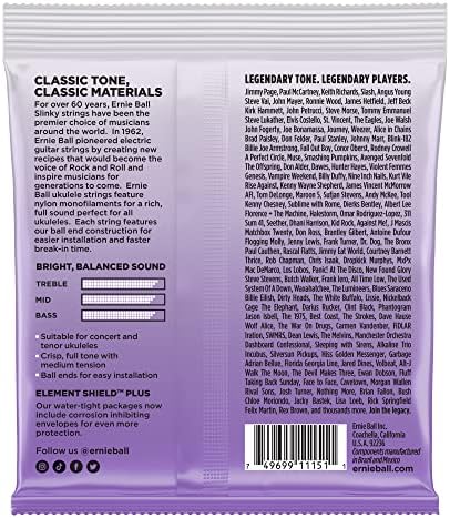 Concerto de Ernie Ball e Tenor Nylon Ball End Ukulele Strings Wound G, Black