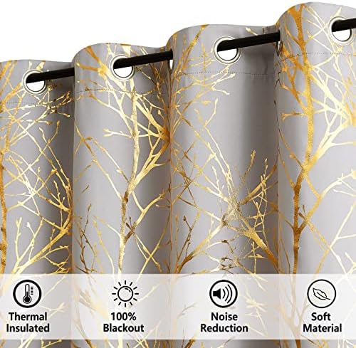 Painéis de cortina de blackout cinza do ramo FMFUNCTEX para quarto de 84 Folha de árvore dourada de ramificações cortinas de