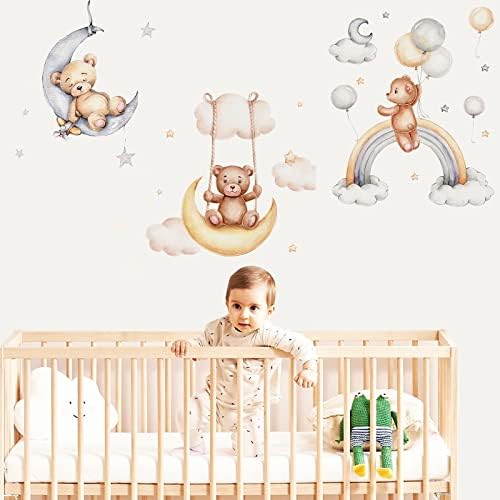 Pequeno urso dormindo nos decalques da parede da lua, decoração de berçário para bebês, decoração de parede removível DIY Arte mural de vinil para crianças berçário de bebê quarto de estar decoração