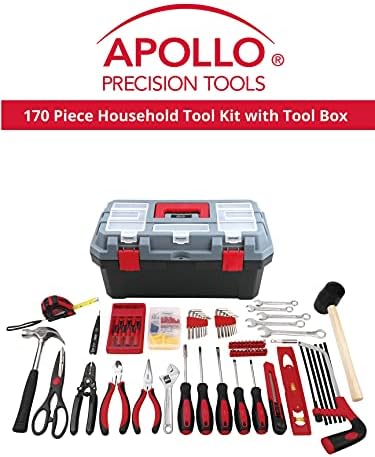 Apollo Tools 170 Peça Kit de ferramentas domésticas com caixa de ferramentas de transporte e ferramentas essenciais para montagem, manutenção, reparos e artesanato de bricolage para casa, escritório, garagem ou na estrada - DT7103