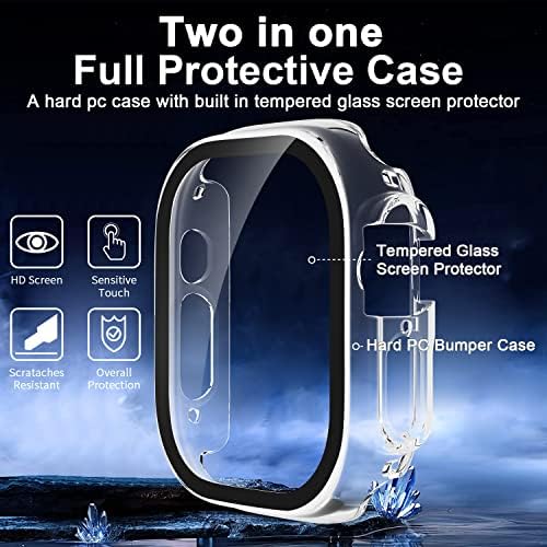 Caixa de 2 pacote sorridente embutida em protetor de tela de vidro temperado compatível com Apple Watch Ultra 49mm, capa de PC rígida com protetor de tela para iwatch 49mm, cobertura protetora geral- transparente