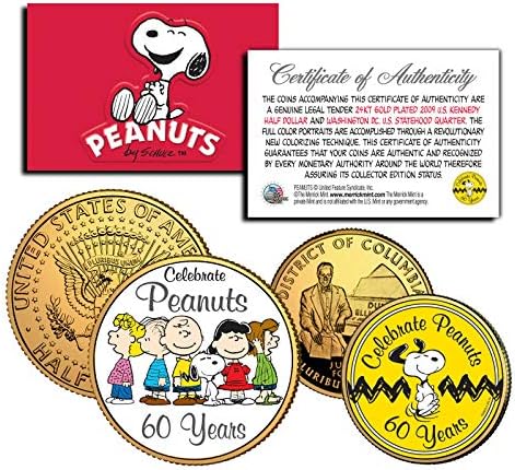Mkmt Peanuts & the Gang Charlie Brown & Snoopy Celebra 60 anos JFK Kennedy Half Dollar & Quarter Set! Stand CoA & Display!