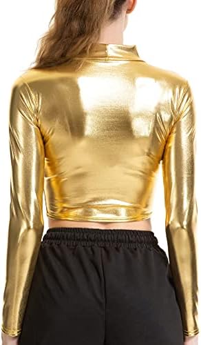 Xunzoo Mulheres Blusa de camisa brilhante e de manga longa e de manga comprida brilhante para a dança do clube 2 ouro grande