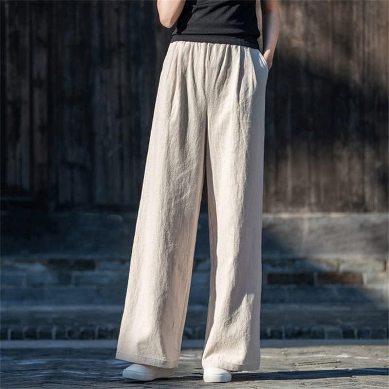Xangai história elástica feminina de cintura largura calças de salão de pernas largas Palazzo linho de algodão casual com