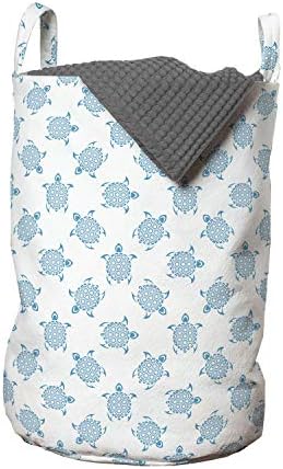 Bolsa de lavanderia de tartaruga lunarável, design de animal anfíbio simplista, padrão contínuo em fundo simples, cesta de cesto com alças fechamento de cordão para lavanderia, 13 x 19, azul -marinho e branco