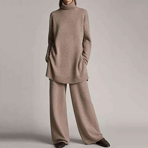 Hnbbf outono e inverno malha de cor sólida turtleneck suéter solto calças de perna larga terno casual de duas peças