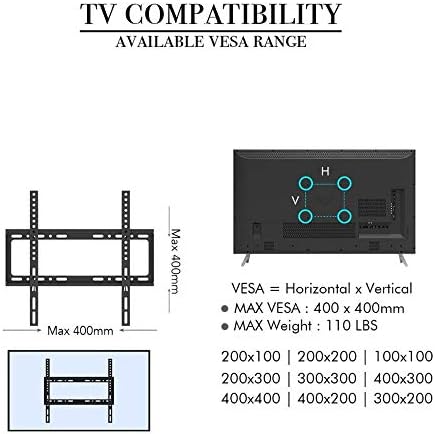 Parede de TV em aço inoxidável para a maioria das TVs curvas planas de 26 a 55 polegadas, parede de TV levada a 50 kg de altura de inclinação ajustável, max vesa 400x400mm