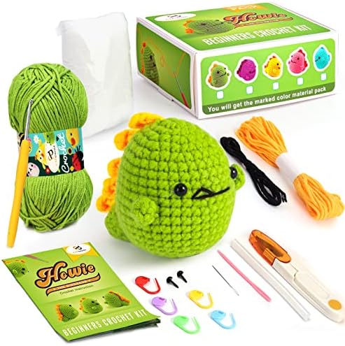 PP Kit de crochê para iniciantes - dinossauros fofos, kit completo de crochê para iniciantes, pacote de partida para adultos e crianças, pacote inclui fios, gancho, agulhas, tesoura, acessórios