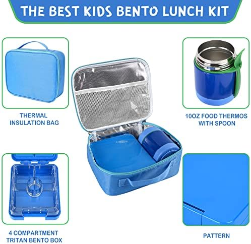 Bento Lunch Box Set com 10 onças de sopa térmica, recipientes à prova de vazamentos com 4 compartimento, infantil infantil térmicos e lancheira de isolamento, recipientes de alimentos para a escola （Solid)