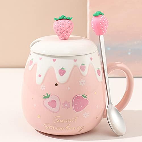 Canecas de morango fofas caneca rosa caneca de cerâmica kawaii copo de chá de chá da manhã Caneca de frutas com lidra de aço inoxidável