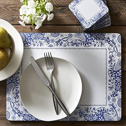 Pimpernel Blue Italian Brocato Collection Placemats | Conjunto de 4 | Tapetes resistentes ao calor | Placa apoiada por cortiça | Hard Placemat Set para mesa de jantar | Mede 15,7 ”x 11,7”