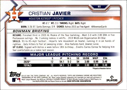 2021 Bowman Chrome 80 Cristian Javier RC Rookie Houston Astros MLB Baseball Trading Card
