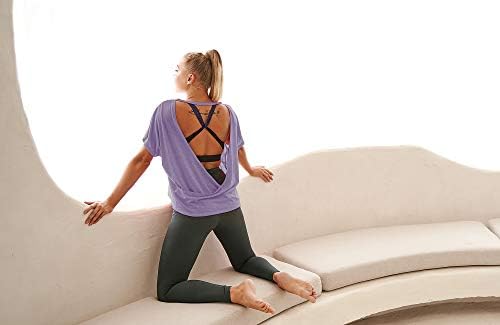 Icyzone Open Back Workout camisetas para mulheres-camisetas de manga curta atlética com tiras, tops de ioga sem costas, camisas
