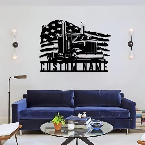 Godlover Luxury personalizado bandeira americana semi caminhão driver arte de parede de metal, nome do caminhoneiro, decoração