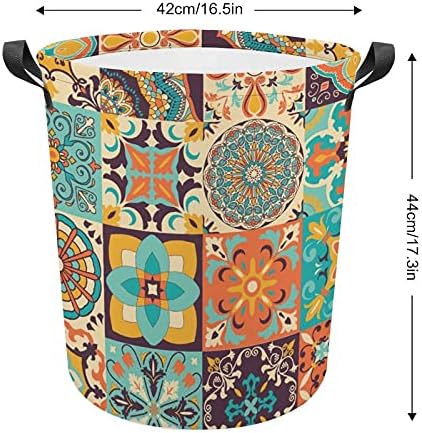 Bolsa de lavanderia no estilo Talavera com alças cesto de armazenamento à prova d'água redonda de 16,5 x 17,3 polegadas