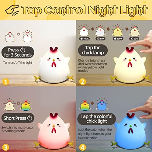 Rayki Chick Night Light for Kids, USB recarregável 7 cores Tap Controle Berçário Luzes noturnas Luzes noturnas fofas LED LEITO