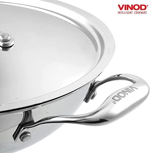 Vinod Platinum Extra Deep Stainless Aço Aço Tri Ply Kadai Wok Pouped Induction Induction com tampa de aço inoxidável, 24 cm, 3,3