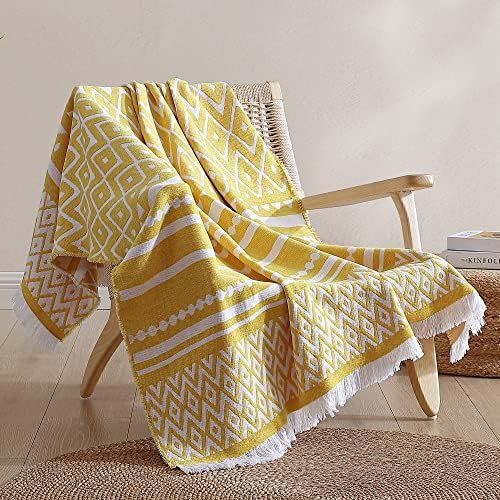 Amélie Home Chenille Jacquard Planto de arremesso de tecido, design retro decorativo boho com borlas delicadas, cobertor leve e suave para o sofá -cama de cadeira ao ar livre na primavera, 50 x60, amarelo