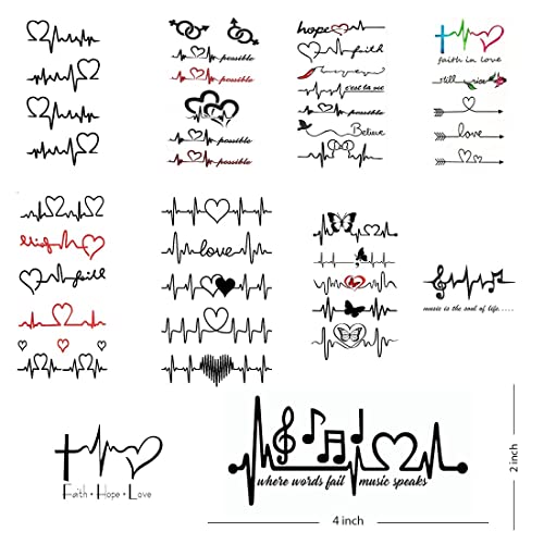 Pacote de voorkoms de 10 pcs flecha com ícone de música cardíaca para amantes combo pacote de tatuagem impermeável temporária