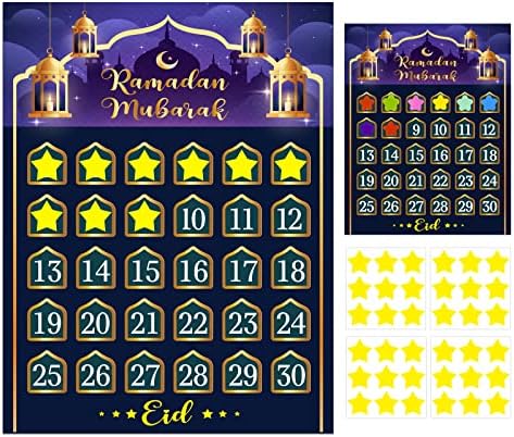 Flyab Ramadan Decorações Eid Ramadã Calendário de contagem regressiva de Mubarak 2023 atividades do calendário Eid para crianças Ramadan Mubarak Advent Calendar Poster para decorações de parede em casa