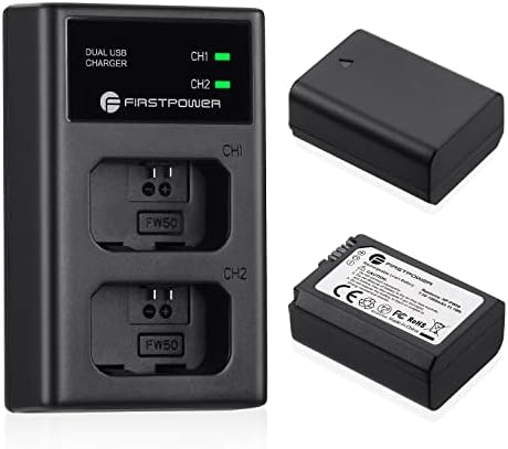 FirstPower NP-FW50 Battery 2-Pack e USB Dual Charger Compatível com a Sony A6000 A6300 A6400 A6500 A7 A7II A7RII A7SII A7S A7S2 A7R A7R2 A5100 A5000 RX10 RX10II III Camerações