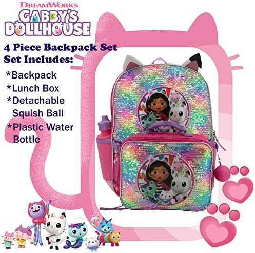 Conjunto de mochilas de 4 peças de Gabby's Doll House, Flip Lantejoura 16 para meninas com bolso frontal, rosa