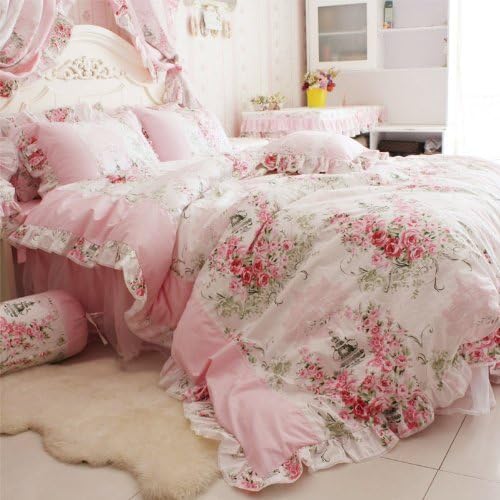 Fadfay Home Textile rosa rosa estampa floral com capa de edredão Conjunto de roupas de cama para meninas 4 peças em