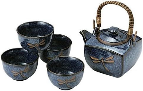 M.V. Negociação MV64N Japanese Blue Dragonfly Tea Pot and Tea Cups Set, quadrado,
