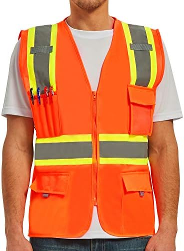 Colete de segurança de alta visibilidade da Vicrr com 9 bolsos, fita refletiva com zíper, colete de trabalho para homens e mulheres