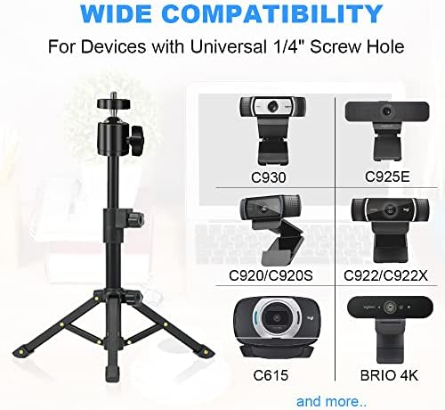 Suporte de tripod da webcam de mesa, suporte de tripé ajustável para a Webcam Logitech C922 C920S C925 C930E C615 C960, Webcam Stand Compatível com webcam/telefone/câmera e outros dispositivos com 1/4 Thread