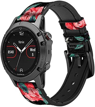 CA0580 Padrão floral rosa Black Leather & Silicone Smart Watch Band Strap for Garmin Approach S40, Forerunner 245/245/645/645,