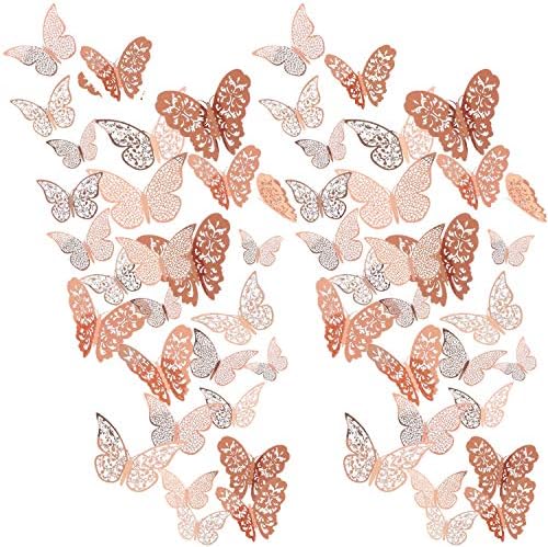 Senkary 72 peças Gold de ouro rosa 3d Butterfly Wall Stickers Decorações de parede Decalques removíveis de papel metálico para