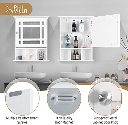 Phi Villa Banheiro Indoor Cabinete de remédios com armário de armazenamento de parede espelhado Organizador de armazenamento com portas espelhadas e prateleira ajustável, branco