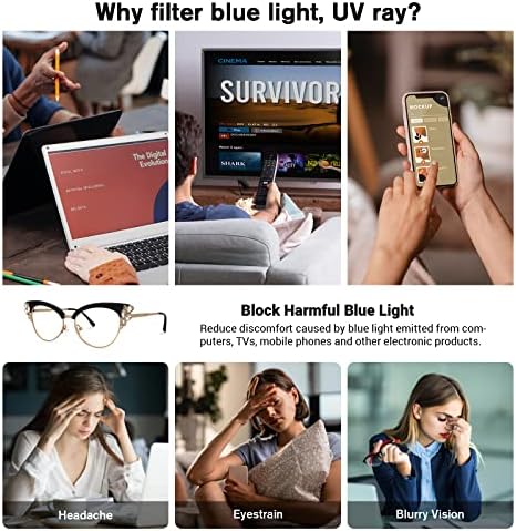 Vooglam Cat Eye Blue Light Blocking Glasses para mulheres com cristal, Eyeglasse elegante e preto e olhestraça leve azul UV