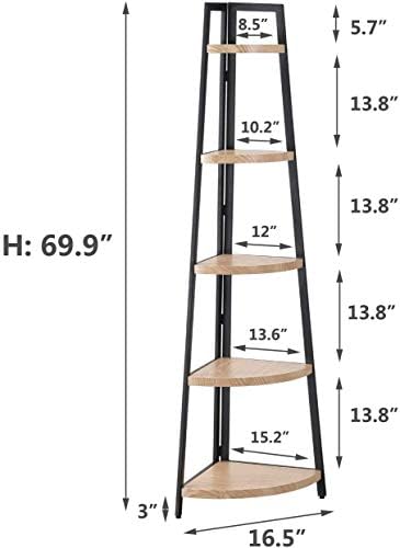 O & K Furniture 5 prateleiras estantes de canto industrial e prateleira, estante de armazenamento de canto em forma de exibição