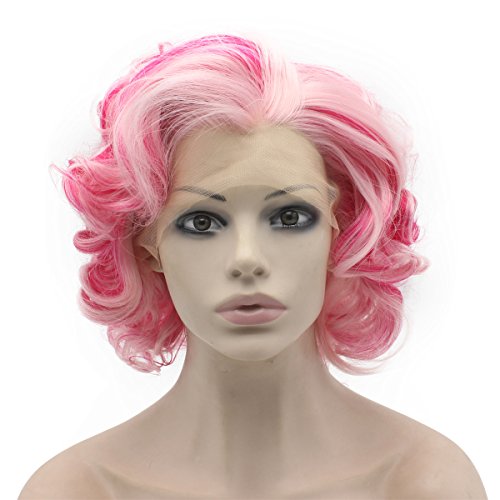 Mxangel resistente ao calor renda sintética dianteira rosa vermelho dois tons curta peruca curta