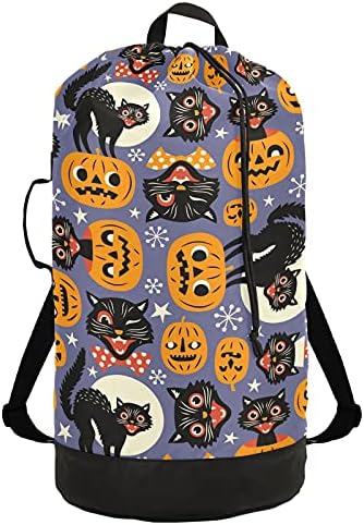 Halloween Black Cat Bag Backpack de lavanderia pesada com alças e alças de viagem Bolsa de roupa de viagem com tração de tração de tração Organizador de roupas sujas para apartamento College Dorm Laundromat
