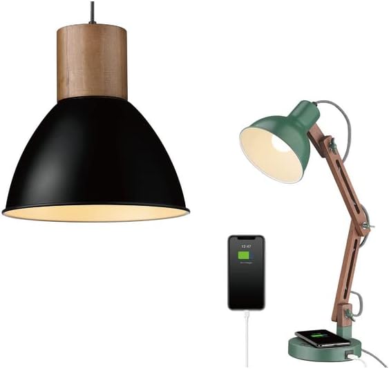 Elyona Black Pinging Light com lâmpada de mesa verde, carregamento sem fio e porta Tipo C, braço de balanço, luzes de leitura LED