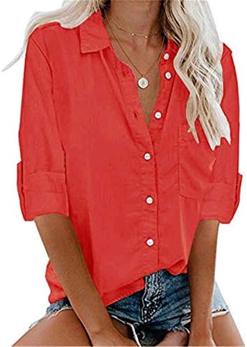 ANDONGNYWELLWWELL Feminino Managem Sólida Longa Vilhas de pescoço Tampas Botão Cardigan Shirts V-Botão Virma de Botão V