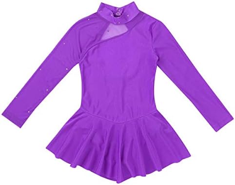Nimiya garotas meninas com mangas compridas mock pescoço gelo figura vestido de patinação ginástica colarinho de dança de balé tutu vestido de dança purple 8