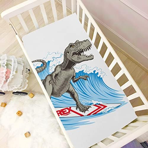 Alaza Surfing Dinosuar T Rex folhas de berço dino ajustadas lençóis de berço para meninos bebês crianças pequenas, mini tamanho